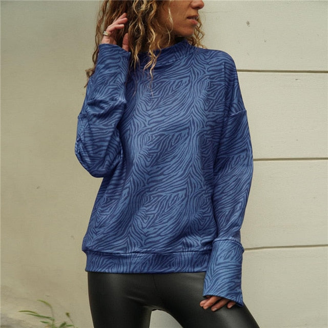 2020 New Zebra Print Womens Tops And Blouses Spring Casual Knitted Shirt Stand Collar Long Sleeve Ladies Blouse Top Blusa Mujer