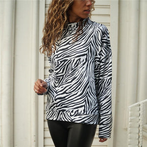 2020 New Zebra Print Womens Tops And Blouses Spring Casual Knitted Shirt Stand Collar Long Sleeve Ladies Blouse Top Blusa Mujer