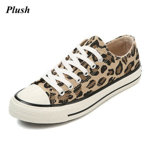Winter Leopard Ankle Boots Women Plush Lining Lace-Up Canvas Shoes Woman Casual High-Top Shoes Fashion Sneakers Women Boots