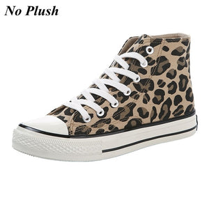 Winter Leopard Ankle Boots Women Plush Lining Lace-Up Canvas Shoes Woman Casual High-Top Shoes Fashion Sneakers Women Boots