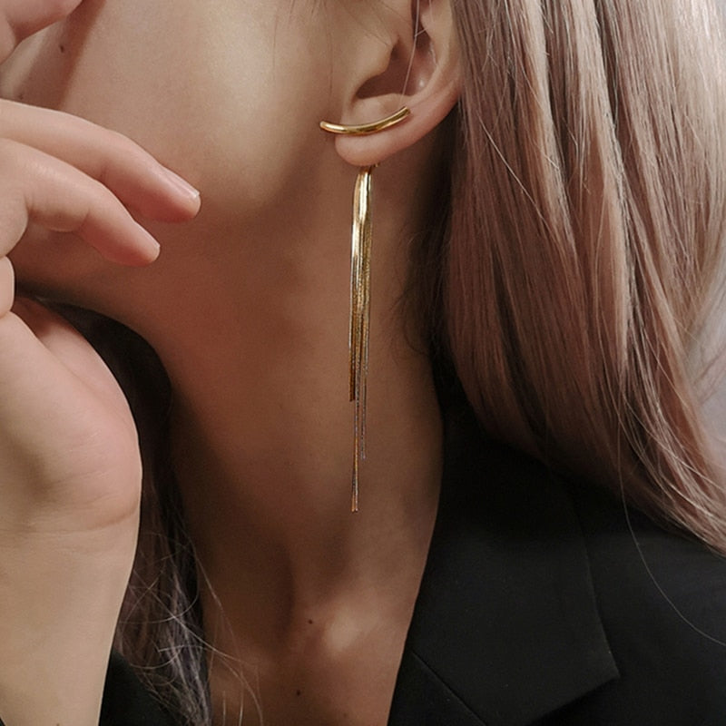 Peri'sBox Bar Long Thread Tassel Earrings Glossy Arc Geometric Earrings for Women Gold Silver Color Statement Earrings 2019 New
