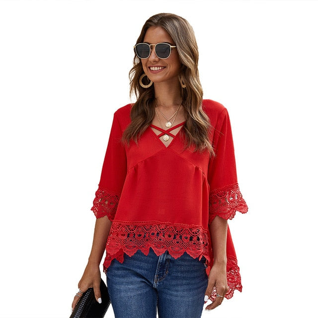 NEW half Sleeve summer red shirt women loose lace blouse v neck shirt chiffon blouse blusas female frock casual