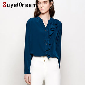 Women Blouse 16mm 100% Natural silk Office Lady Blouses Long sleeved Ruffles trims Blouse for women Blusas femininas 2019 New