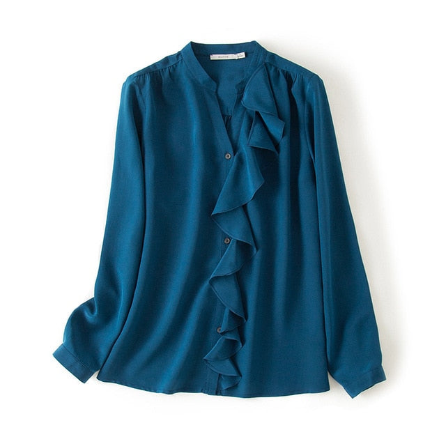Women Blouse 16mm 100% Natural silk Office Lady Blouses Long sleeved Ruffles trims Blouse for women Blusas femininas 2019 New