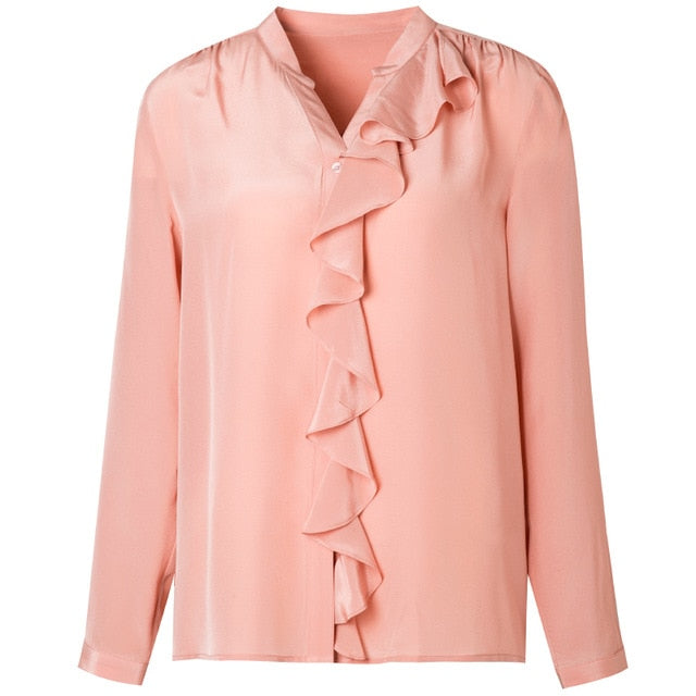 Women Blouse 16mm 100% Natural silk Office Lady Blouses Long sleeved Ruffles trims Blouse for women Blusas femininas 2019 New