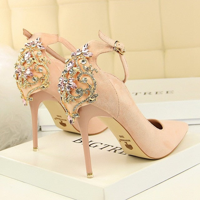 Women Heels Pumps 2019 Summer New Ankle Lace Diamond Dresses Womens Wedding High Heel High Quality Sexy Ladies Party Shoes