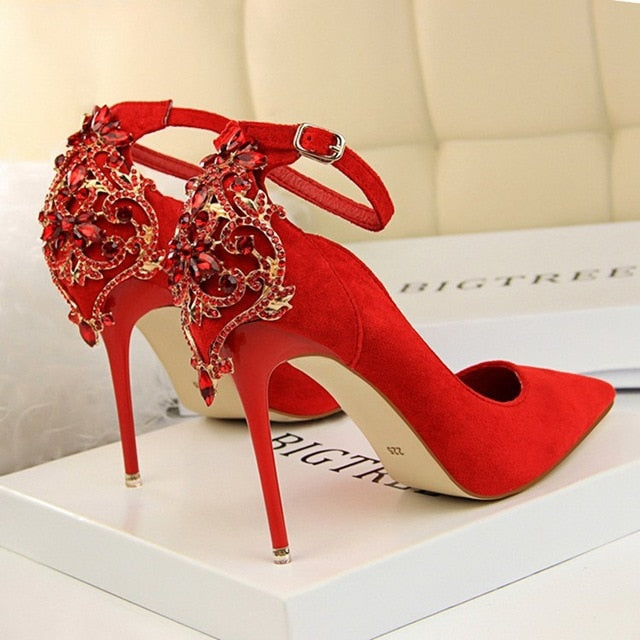 Women Heels Pumps 2019 Summer New Ankle Lace Diamond Dresses Womens Wedding High Heel High Quality Sexy Ladies Party Shoes