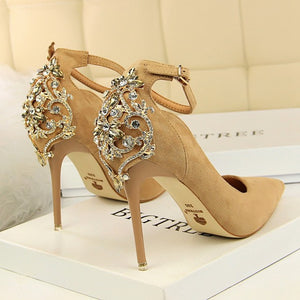 Women Heels Pumps 2019 Summer New Ankle Lace Diamond Dresses Womens Wedding High Heel High Quality Sexy Ladies Party Shoes
