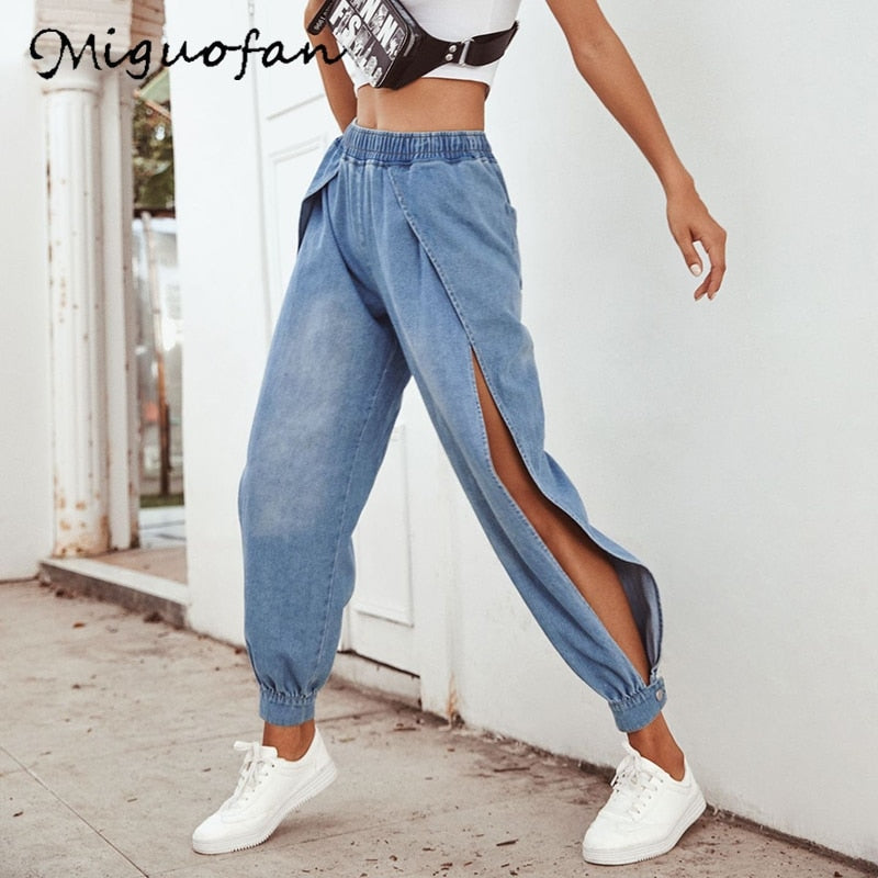 Miguofan Denim Skinny Pants Blue women jeans split Slim Elastic Ripped Lady Jeans bottoms streetwear fashion jeans haram pants