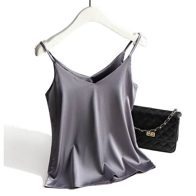 Spaghetti Strap Top Women Halter V Neck Basic White Cami Sleeveless Satin Silk Tank Tops Women'S Summer 2020 Camisole Plus Size