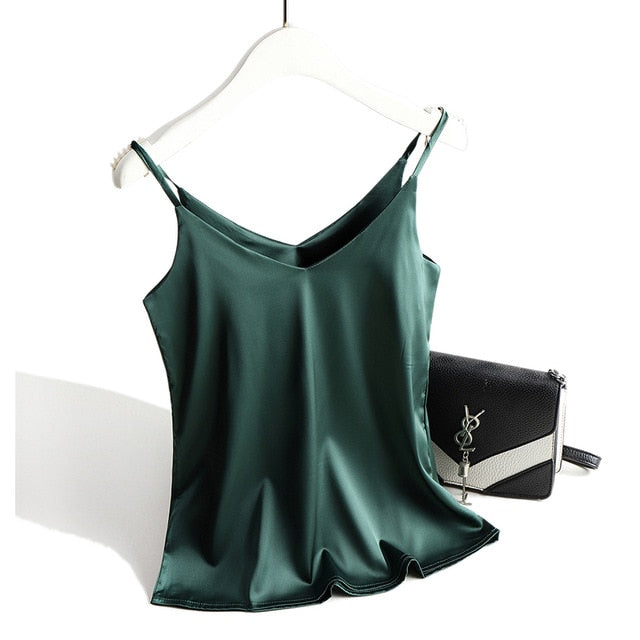 Spaghetti Strap Top Women Halter V Neck Basic White Cami Sleeveless Satin Silk Tank Tops Women'S Summer 2020 Camisole Plus Size
