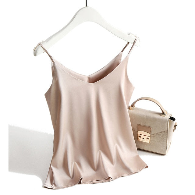 Spaghetti Strap Top Women Halter V Neck Basic White Cami Sleeveless Satin Silk Tank Tops Women'S Summer 2020 Camisole Plus Size