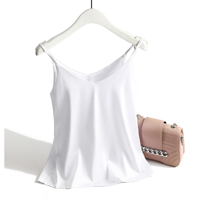 Spaghetti Strap Top Women Halter V Neck Basic White Cami Sleeveless Satin Silk Tank Tops Women'S Summer 2020 Camisole Plus Size