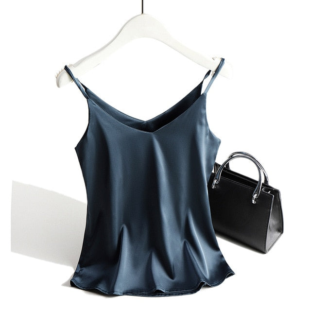 Spaghetti Strap Top Women Halter V Neck Basic White Cami Sleeveless Satin Silk Tank Tops Women'S Summer 2020 Camisole Plus Size