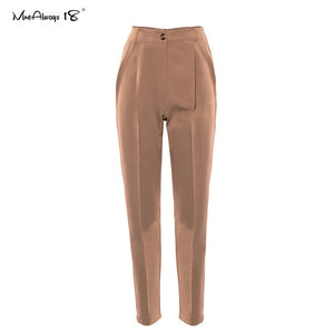 Mnealways18 Vintage Zipper Khaki Trousers Women High Waist Office Pants Ladies Brown Trousers Work Wear Summer Long Pants 2020