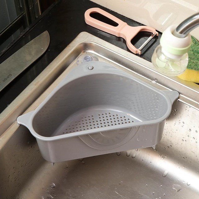 Kitchen Triangular Sink Strainer Drain Vegetable Fruit Drainer Basket Suction Cup Sponge Rack Storage ToolSink Filter Shelf