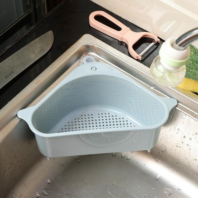 Kitchen Triangular Sink Strainer Drain Vegetable Fruit Drainer Basket Suction Cup Sponge Rack Storage ToolSink Filter Shelf