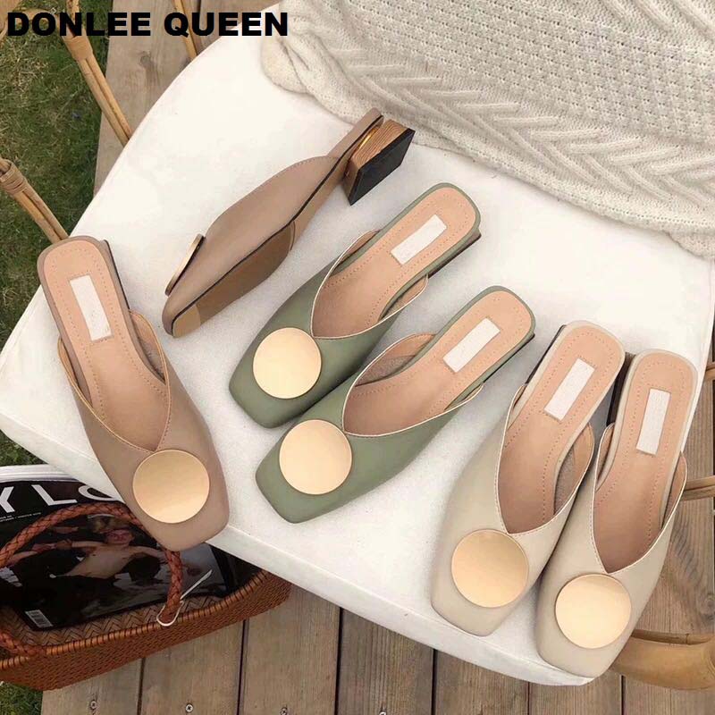 2020 zapatillas de mujer de diseñador de marca zapatos informales de tacón plano deslizantes de hebilla británica zapatos de verano de tacón de bloque de madera