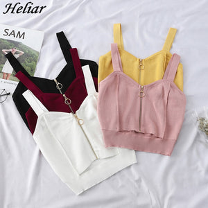 HELIAR Tops Women Crop Top Club Sexy Zipper Knitting Camisole With Hole Female Tank Tops Ladies Sleeveless Solid Strap Top Women