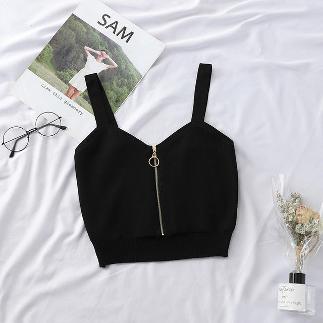 HELIAR Tops Women Crop Top Club Sexy Zipper Knitting Camisole With Hole Female Tank Tops Ladies Sleeveless Solid Strap Top Women