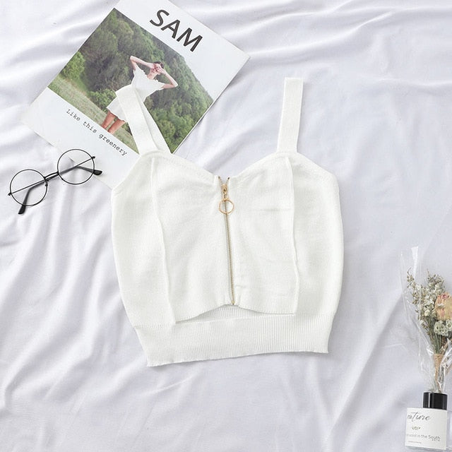 HELIAR Tops Women Crop Top Club Sexy Zipper Knitting Camisole With Hole Female Tank Tops Ladies Sleeveless Solid Strap Top Women