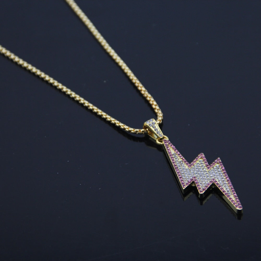 Hip Hop Bling Lightning Pendants with Stainless Steel Chain Necklace Dropshipping